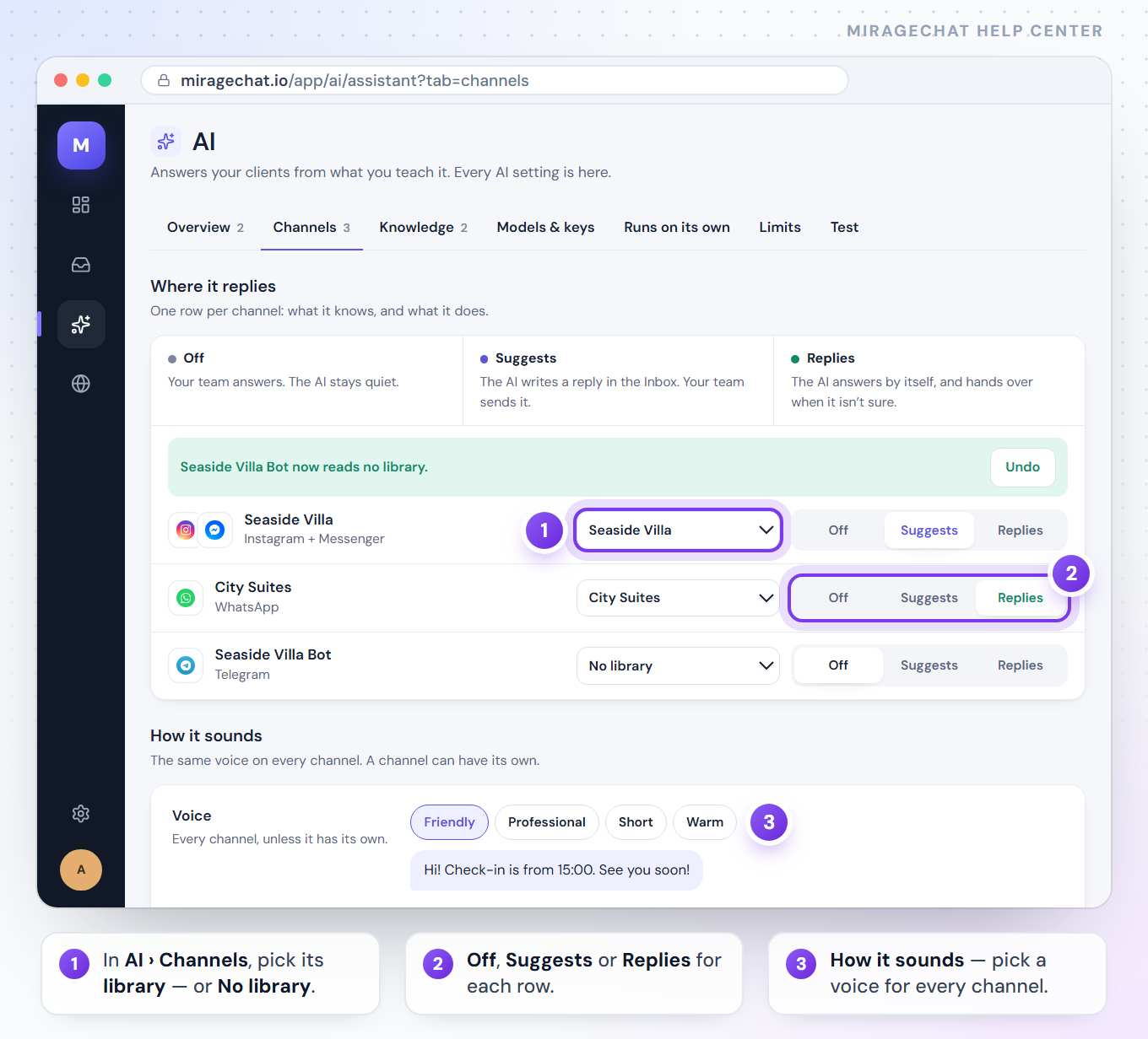The Channels tab of the AI page: under Where it replies, Seaside Villa on Instagram and Messenger reads the Seaside Villa library on Suggests, City Suites on WhatsApp is on Replies, and a Telegram bot has No library and Off. Below, How it sounds offers Friendly, Professional, Short and Warm.