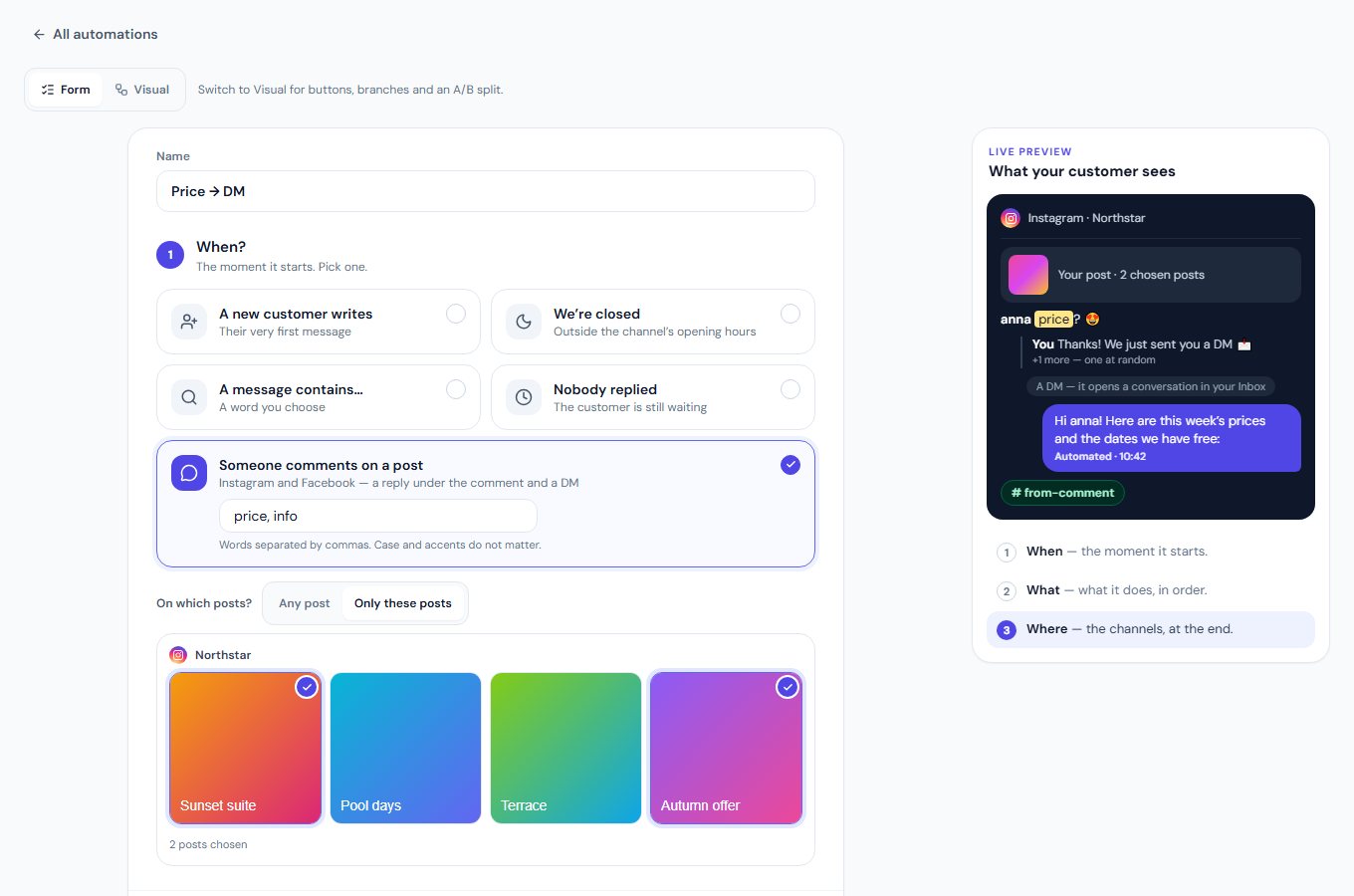 The Automation form set to Someone comments on a post: the words price and info, two chosen posts, and a live preview of the comment, the reply under it and the DM.