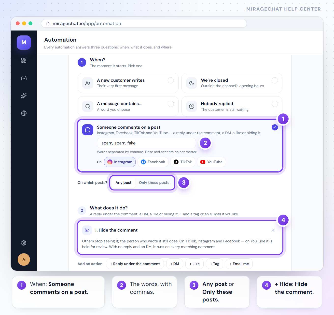 The Automation form with Someone comments on a post chosen, the words scam, spam, fake, Instagram selected, Any post, and the first step 1. Hide the comment.