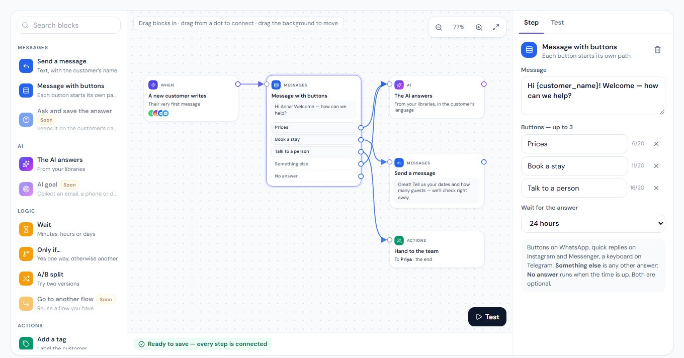 The MirageCHAT visual builder: a welcome message with three buttons, each connected to its own next step.