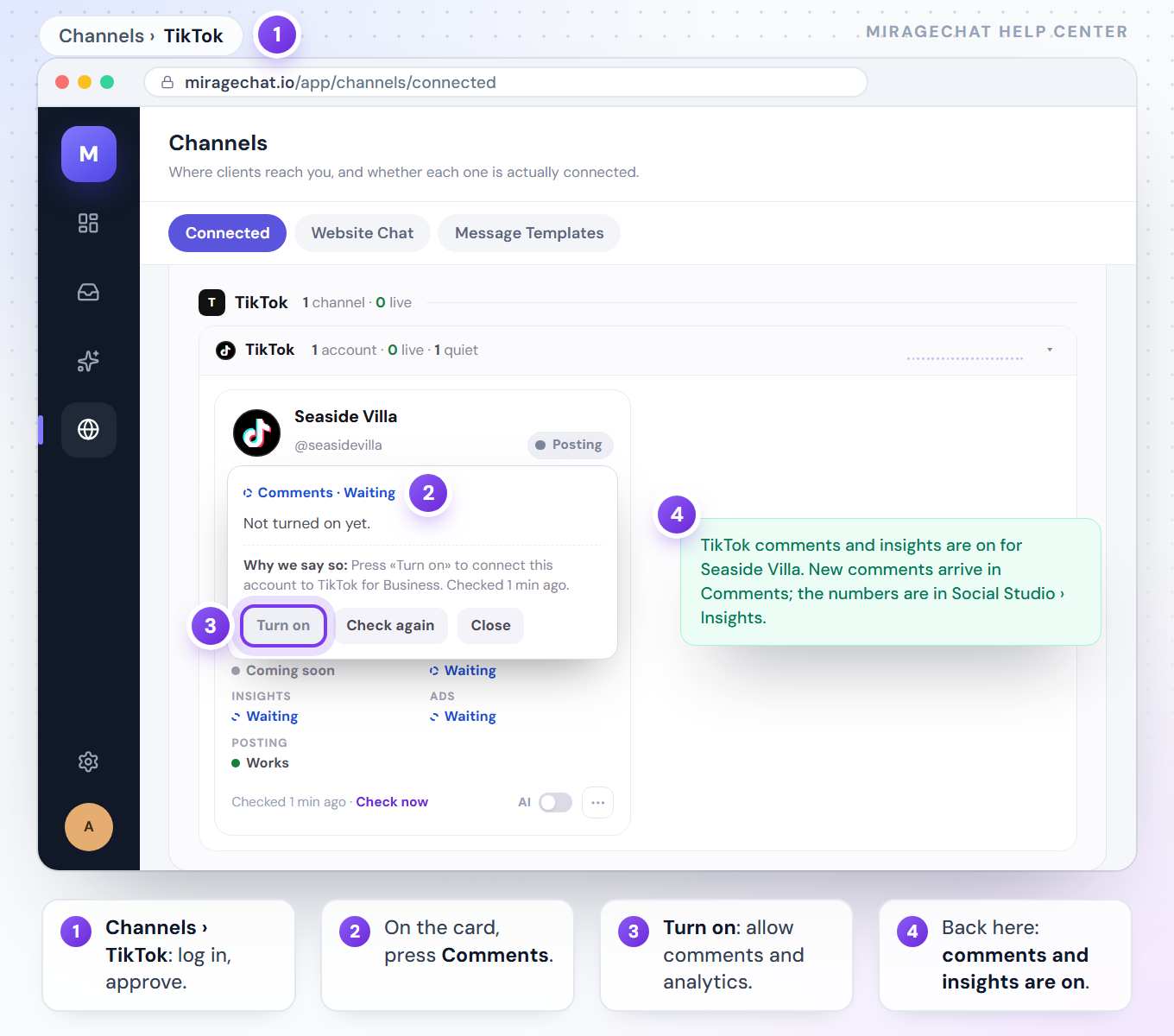 The Seaside Villa TikTok card under Channels › Connected, its Comments cell open on Waiting with Turn on, Check again and Close, and beside it the green line saying TikTok comments and insights are on.