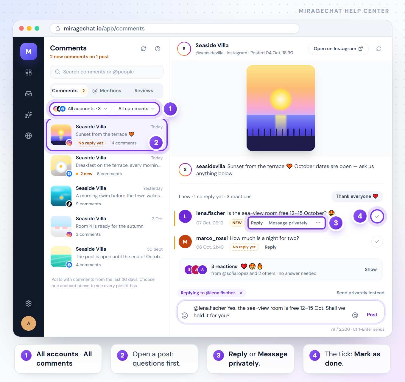 The Comments page: Seaside Villa’s posts under All accounts and All comments, and an Instagram sunset post open with a question from lena.fischer marked New, Reply and Message privately, the tick that marks it done, and a reply being written.