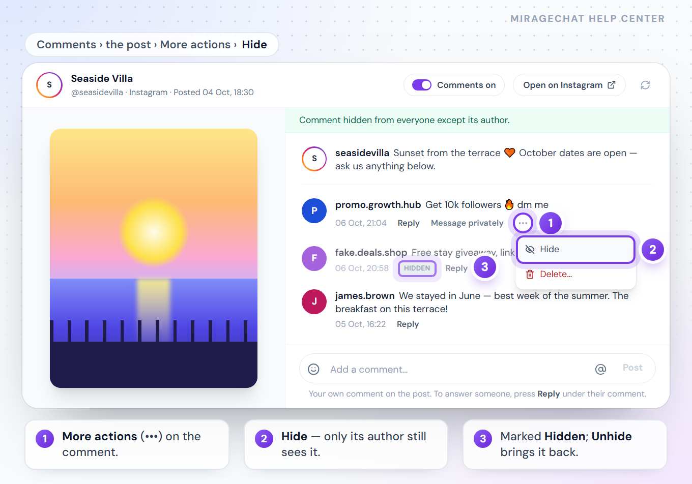 A Seaside Villa Instagram post open in Comments: the More actions menu on a spam comment shows Hide and Delete…, another comment is already marked Hidden, and the bar says the comment is hidden from everyone except its author.