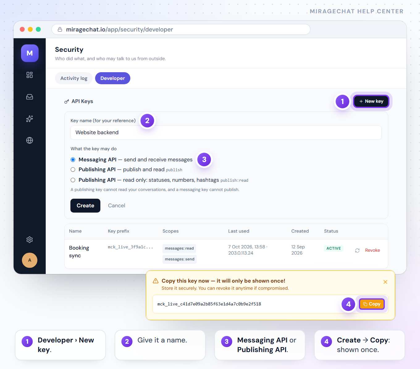 Security › Developer, API Keys: the New key form with the name Website backend and Messaging API chosen, an existing key named Booking sync, and the box Copy this key now — it will only be shown once! with Copy.