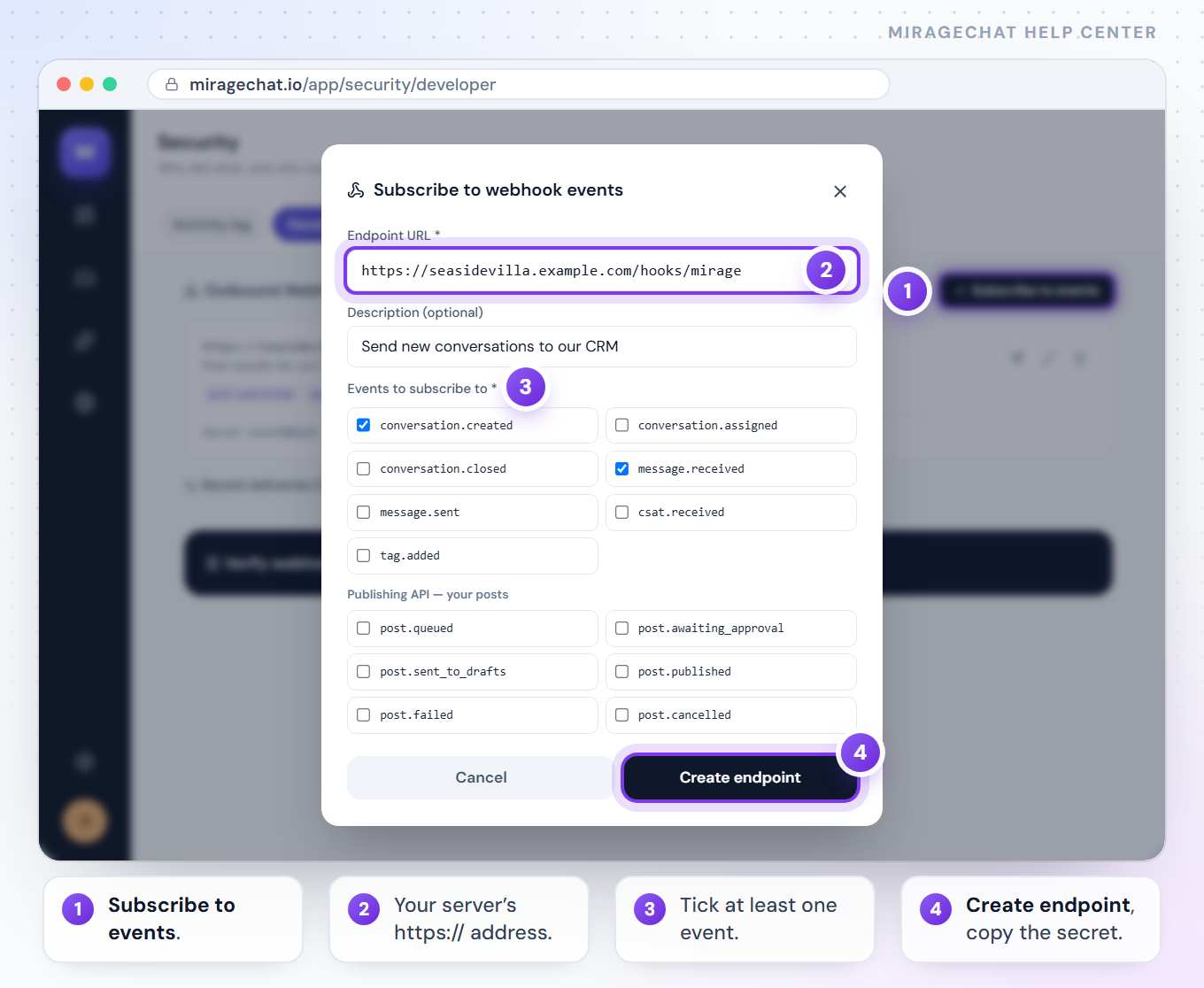 The Subscribe to webhook events window over Security › Developer: the endpoint URL https://seasidevilla.example.com/hooks/mirage, a description, conversation.created and message.received ticked, and Create endpoint.