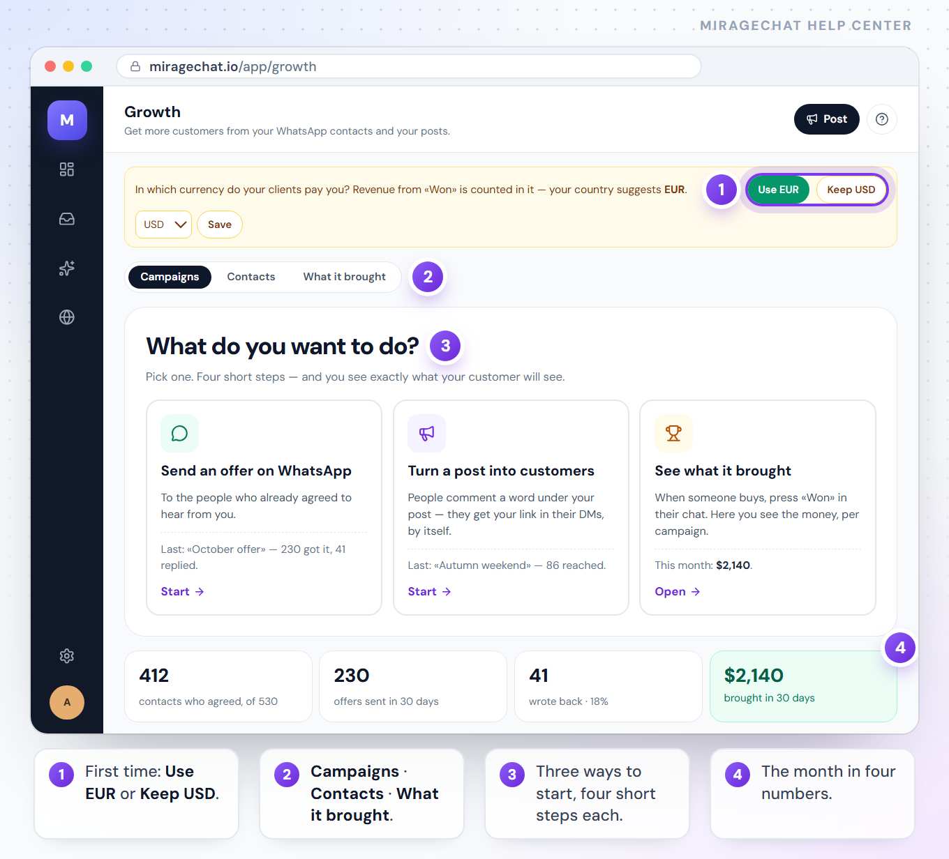 The Growth page for Seaside Villa: a yellow bar asks which currency clients pay in, with Use EUR and Keep USD; below, the tabs, three ways to start, and the month in four numbers.