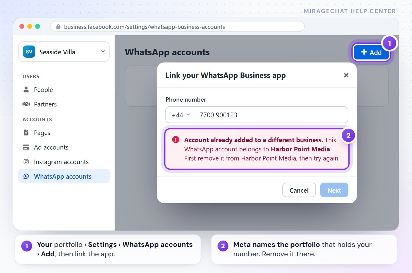 Business settings at business.facebook.com, WhatsApp accounts, with a Link dialog showing: Account already added to a different business — first remove it from Harbor Point Media.