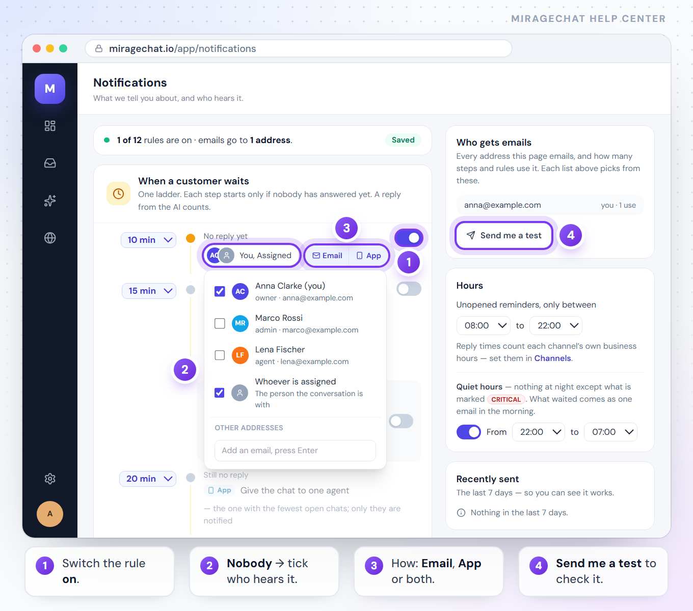 The Notifications page: in When a customer waits, the No reply yet step is switched on with its Who is told list open, Anna Clarke and Whoever is assigned ticked, and Email and App on; beside it, Who gets emails with Send me a test, and the Hours card with quiet hours.