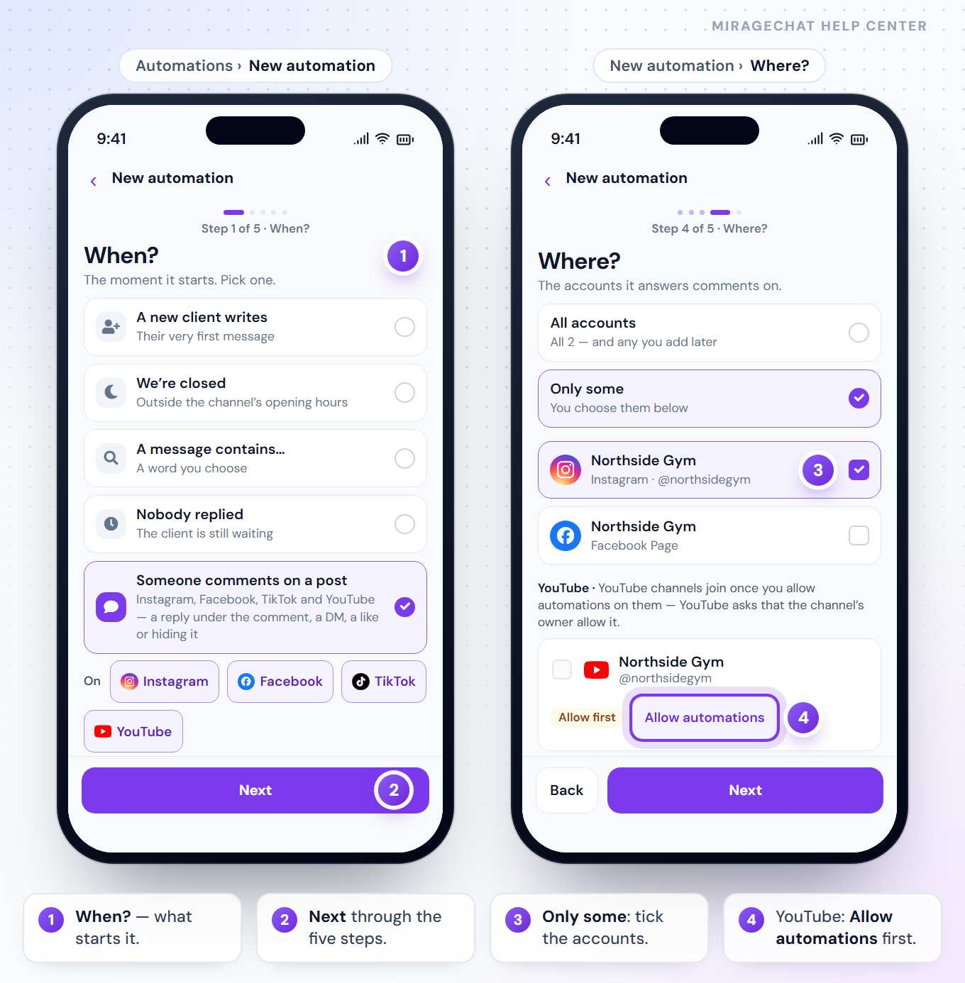 Two phones: a new automation on step 1, When?, with Someone comments on a post picked and Next; and step 4, Where?, with Only some chosen, an Instagram account ticked and a YouTube channel marked Allow first with an Allow automations button.