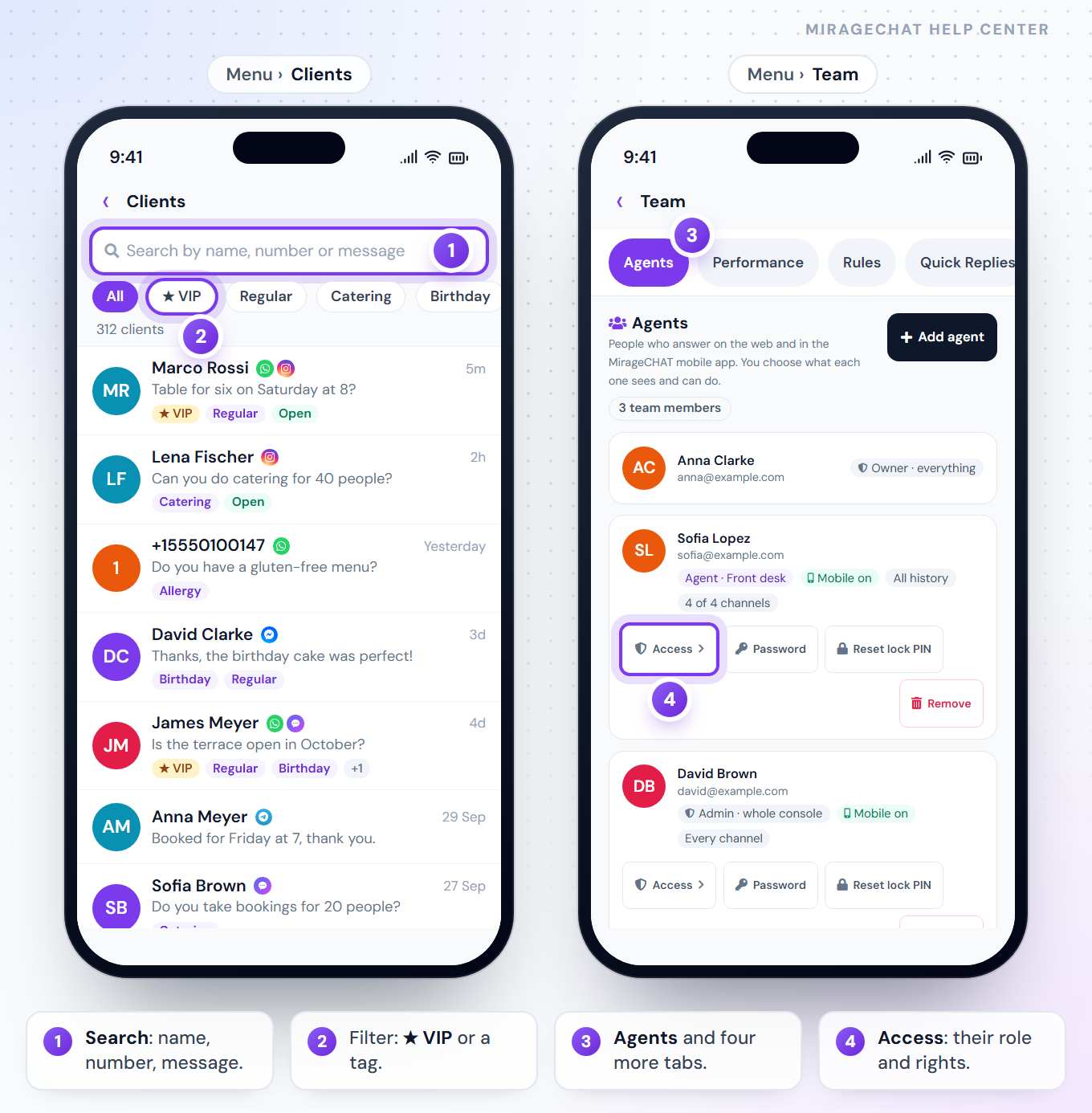 Two phones: Menu › Clients with the search Search by name, number or message, the All, ★ VIP and tag filters and a list of clients; and Menu › Team on the Agents tab, with the tab row and the owner, an agent and an admin, each with Access, Password and Reset lock PIN.
