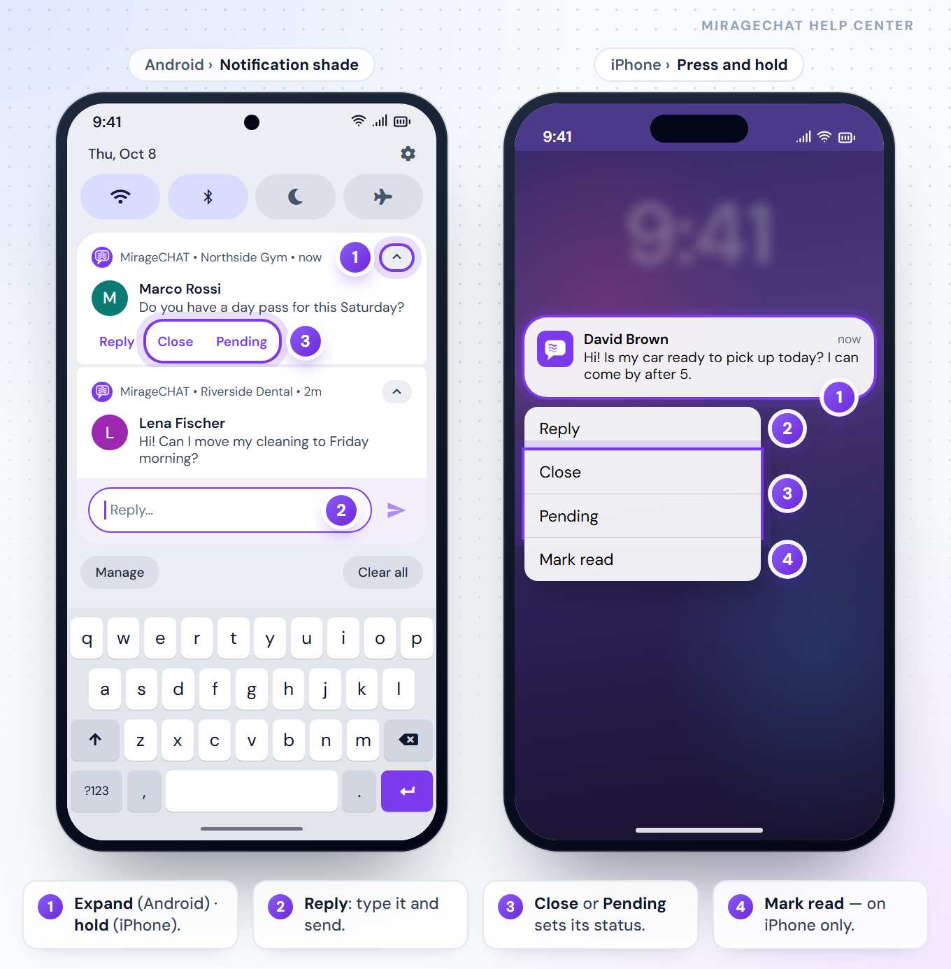 Two phones: an Android notification shade with one MirageCHAT notification expanded with Reply, Close and Pending and another with its Reply… field open; and an iPhone with a notification held open showing Reply, Close, Pending and Mark read.