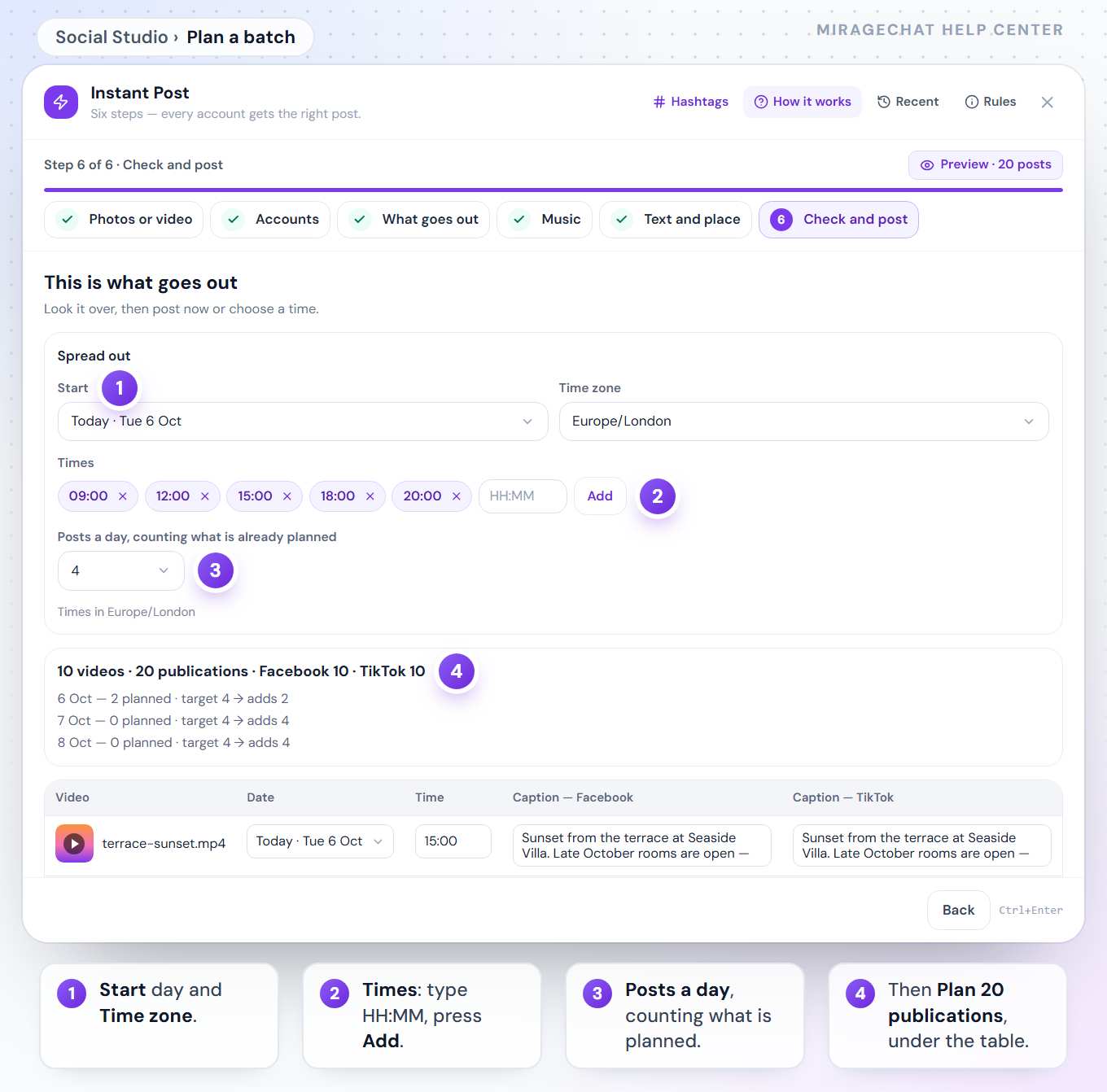 Plan a batch on Check and post: Spread out with Start Today · Tue 6 Oct, the time zone Europe/London, the times 09:00 to 20:00 with Add, Posts a day 4, and the summary 10 videos · 20 publications with a line for each day.
