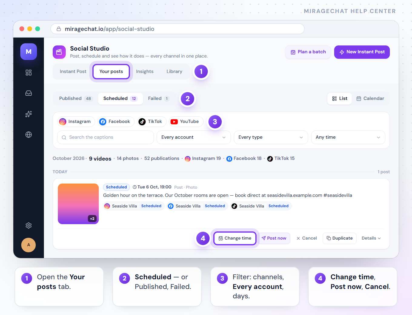 Social Studio on the Your posts tab with Scheduled chosen beside Published and Failed, the channel and filter row, and a Seaside Villa post scheduled for Tue 6 Oct, 19:00 to Instagram, Facebook and TikTok, with Change time, Post now, Cancel, Duplicate and Details.