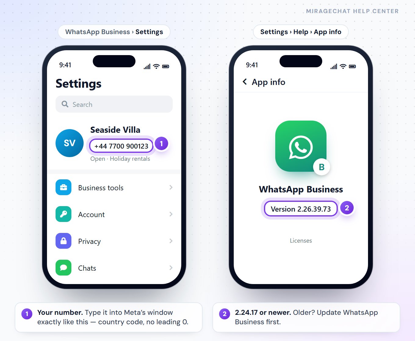 Two phone screens of WhatsApp Business: Settings with the business name Seaside Villa and its number, and App info with the version number.