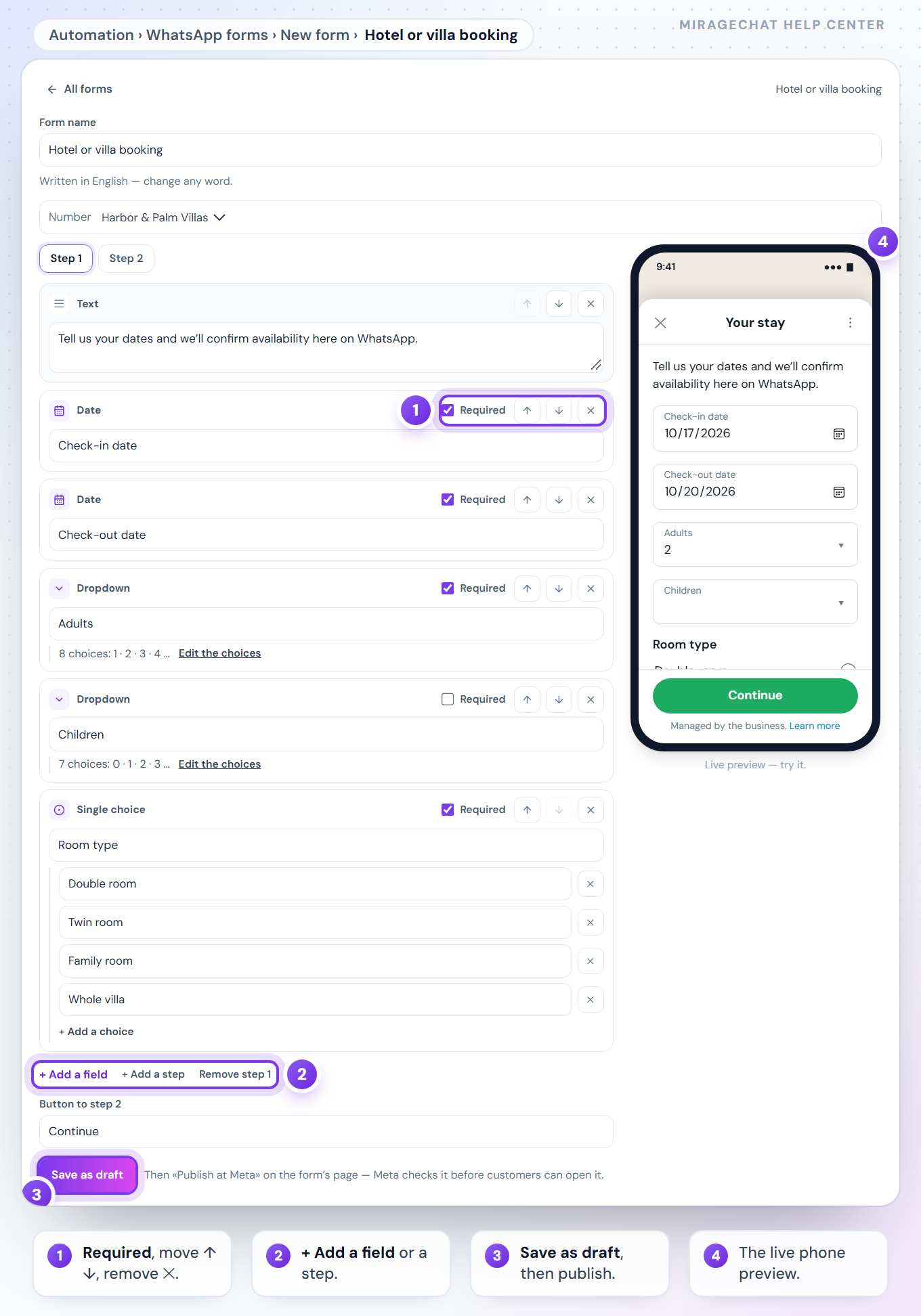 The form editor on Hotel or villa booking, Step 1: its fields (a line of text, Check-in date, Check-out date, Adults, Children, Room type with four choices), each with Required and ↑ ↓ ✕; then + Add a field, + Add a step, Button to step 2 and Save as draft, with the live phone preview of «Your stay» beside it.