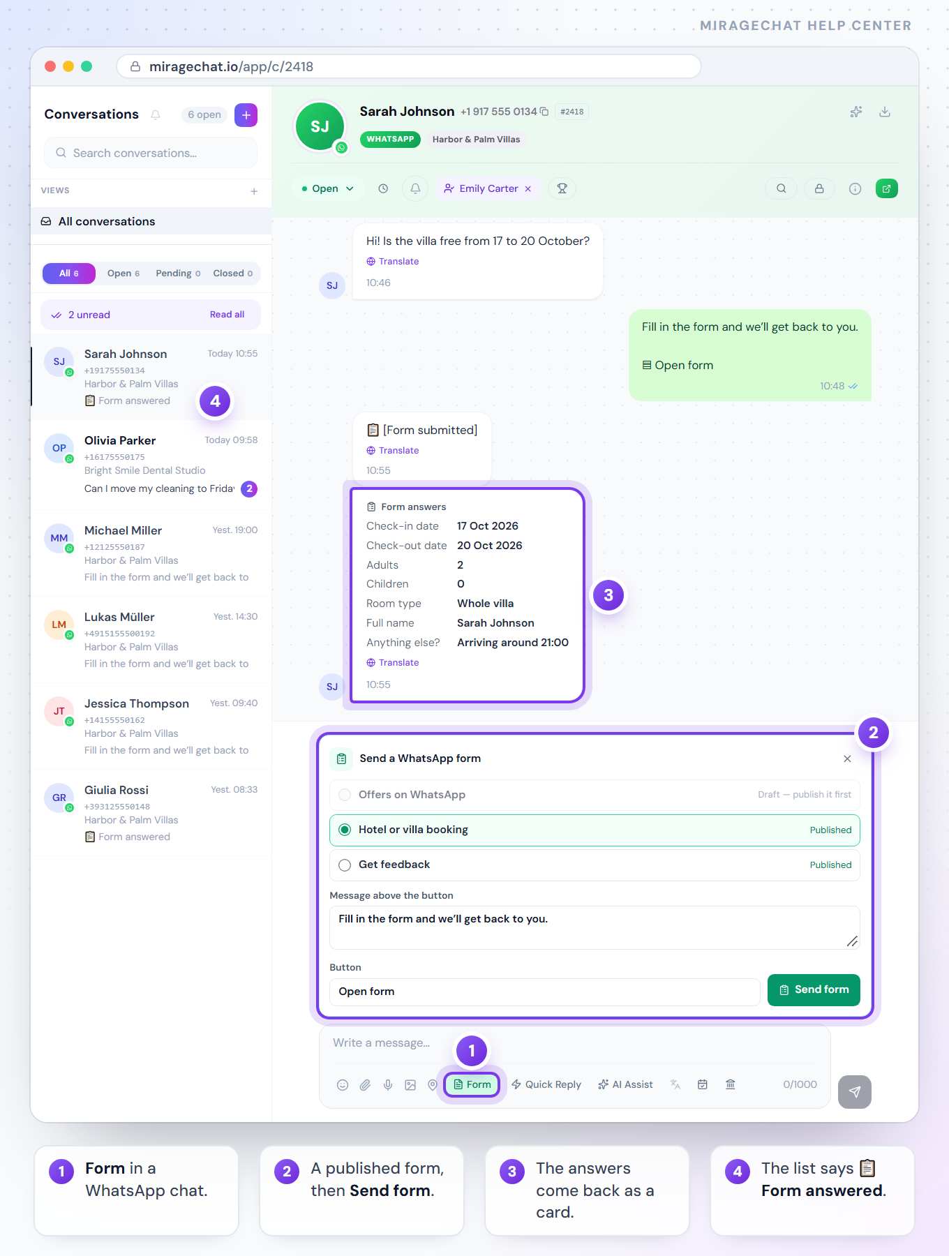 A WhatsApp conversation with Sarah Johnson on Harbor & Palm Villas: the form sent from the Inbox, her answers as a Form answers card, the Form button under the reply box and the open Send a WhatsApp form panel (Hotel or villa booking chosen, Get feedback, and Offers on WhatsApp marked «Draft — publish it first»); the list on the left says «📋 Form answered».